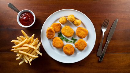 Delicious chicken nuggets with tomato ketchup and French fries, Chicken nuggets and fries in a plate