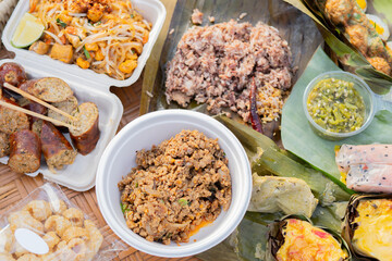 Traditional Northern Local Thai Food. Spicy meat and chili dip and Streaky pork sausage