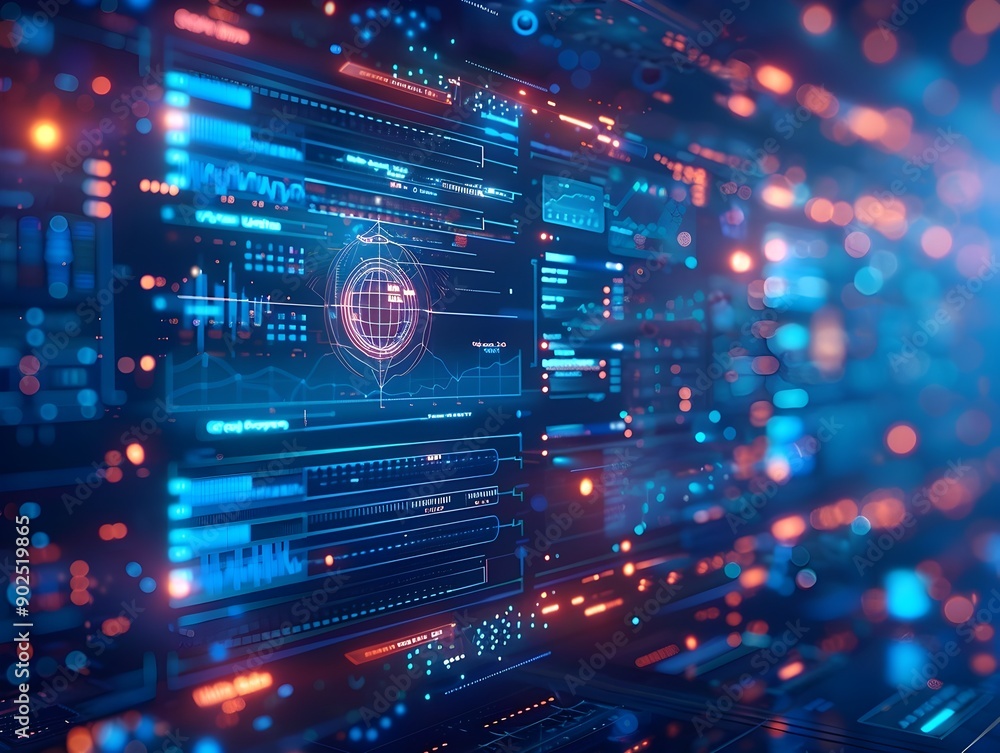 Aufkleber futuristic digital market with floating holographic interfaces and transaction data cyber background