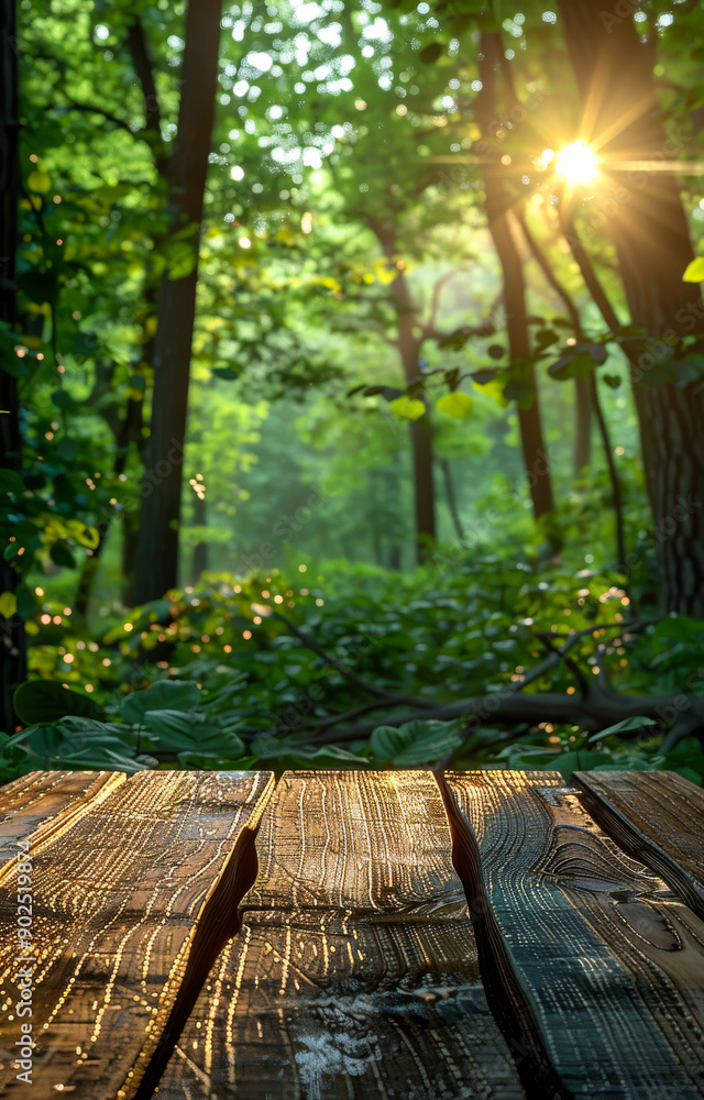 Poster a wooden table with a view of a forest. the sun is shining through the trees, creating a warm and pe