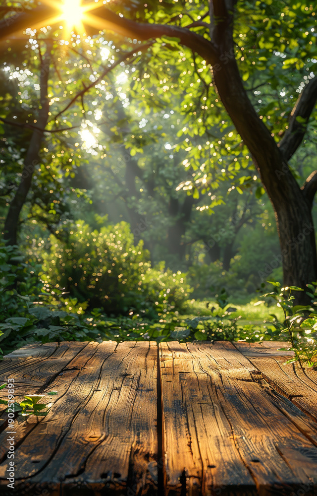 Poster a wooden table with a view of a forest. the sunlight is shining through the trees, creating a warm a