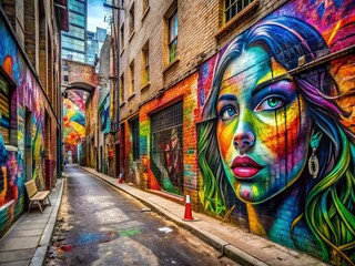 Obraz premium Vibrant street art and graffiti explode across a gritty urban alleyway, transforming the decaying walls into a dynamic, rebellious, and colorful masterpiece of urban expression.