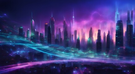 Obraz premium A cityscape with a purple sky and neon lights