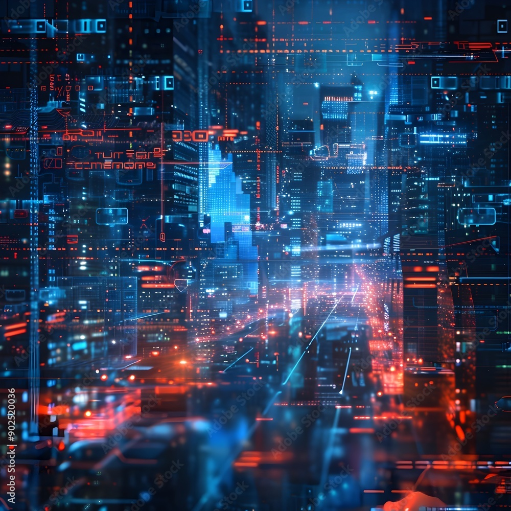 Poster high tech urban landscape with dynamic data overlays and interactive cyber elements