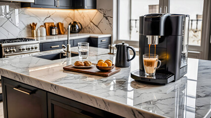 Luxury lifestyle living, luxury home background. Marble kitchen, elegant interior. Tranquil, calm, peaceful mood. Morning sunlight closeup shot of espresso maker pouring coffee into cup. Generative AI