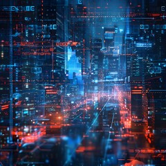 Obraz premium High Tech Urban Landscape with Dynamic Data Overlays and Interactive Cyber Elements