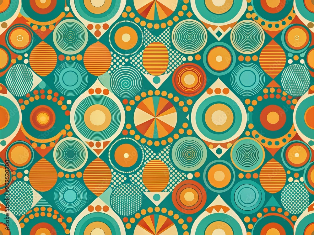 Poster retro-inspired seamless pattern featuring abstract geometric shapes and circles in a vibrant color p