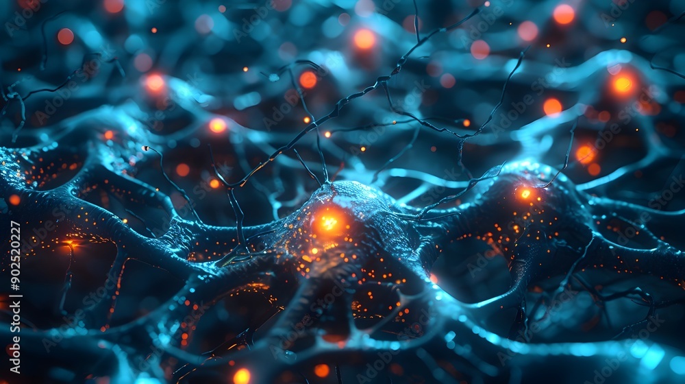 Poster glowing neural network in dark high tech cyber background symbolizing learning and technology