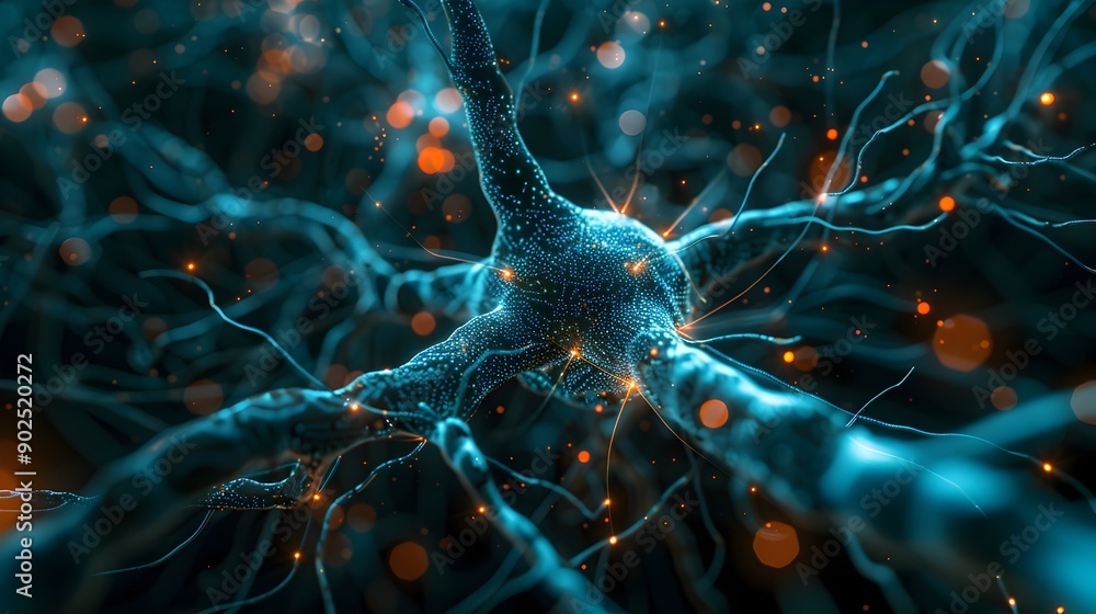 Poster glowing neural network in dark high tech background symbolizing learning and cyber concepts