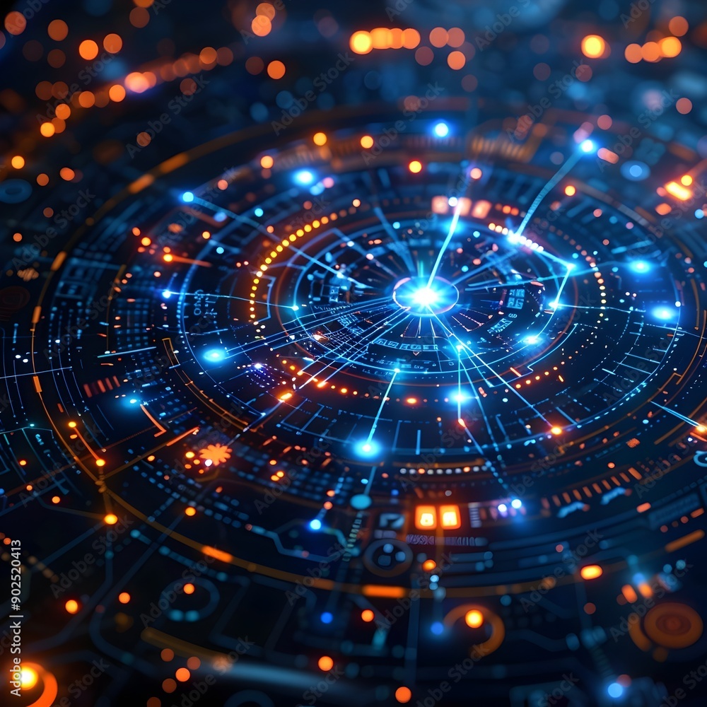Poster futuristic digital interface with holographic data visualization and cyber background elements
