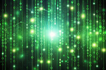 Vibrant green digital binary code matrix texture background represents technology and innovation, showcasing the intricate network of computer programming and data communication.