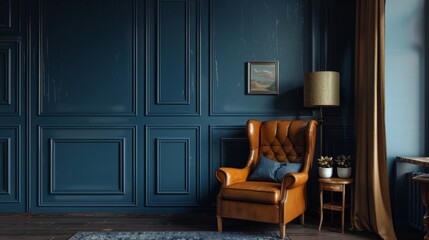 Leather Armchair in a Classic Interior with Dark Blue Walls and a Window, Interior Design, Interior Decor, Home Decor, Living Room