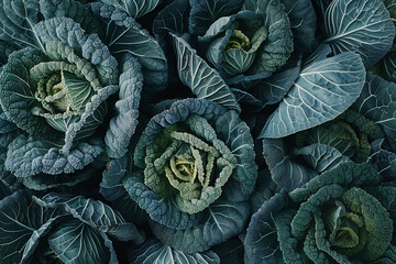 Obraz premium Close up of green white cabbage grows in summer garden. Harvest vegetables. Growing crops , illustration