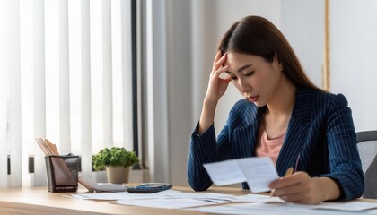 A woman in a suit looks stressed while reviewing documents at her desk, surrounded by paperwork and a plant in soft light.