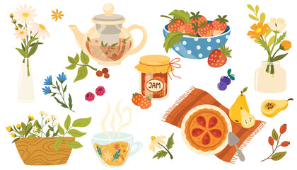 Countryside cottagecore natural elements set. Country food, flowers in vase, fruits, tea cup, summer berries, pie in cozy village style. Flat graphic vector illustration isolated on white background