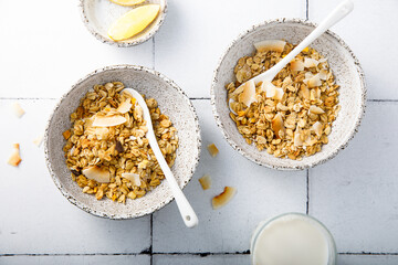 Homemade granola with coconut flakes