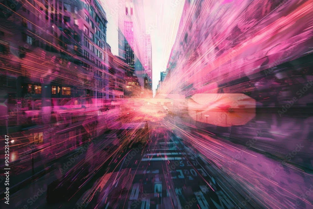 Poster a blurred image of a city street with a bus passing by, suitable for use in illustrations about urba