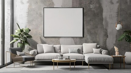 Modern Living Room with White Sofa and Black Frame, concrete wall, couch, interior, minimal