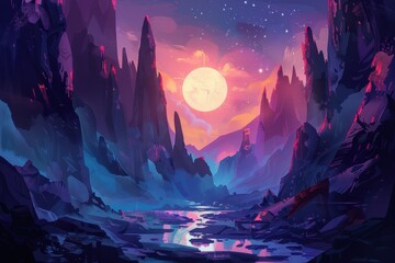 Fototapeta premium Mystical moonlit mountain landscape with river