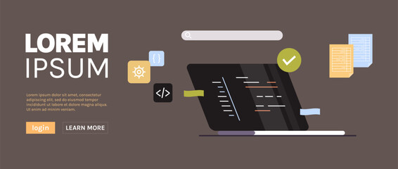 Developing new software on laptop and freelance developer programming, coding, development process concept flat vector illustration.	
