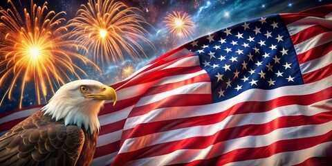 Patriotic stars and stripes swirl around fireworks, liberty torch, and bald eagle on a classic red, white, and blue background celebrating American independence.