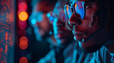 AI cyber security threat concept. Group of multiethnic IT specialist team analysing data information technology, artificial intelligence cyber attack analysis.