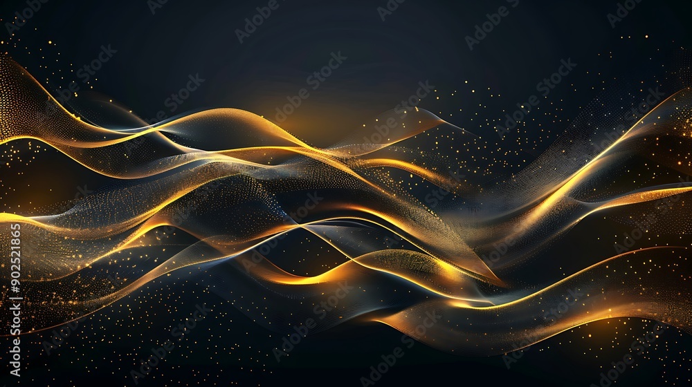 Poster captivating abstract background featuring flowing golden waves with a sparkling effect on a dark bac