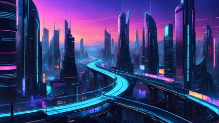 A cityscape with neon lights and a bridge in the middle