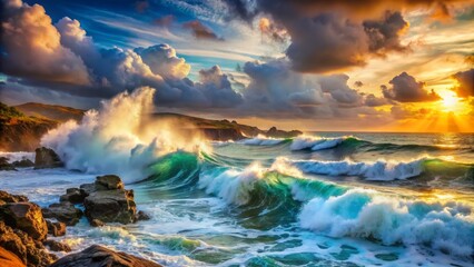 Fototapeta premium Golden Sunset Waves Crashing on Rocky Coast, Landscape Photography, Coastal Scene, Ocean Waves, Golden Hour, beach, sunset