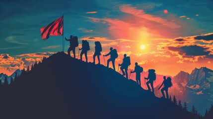 Naklejka premium Teamwork, helping the team climb the mountain, helping each other to achieve joint success.