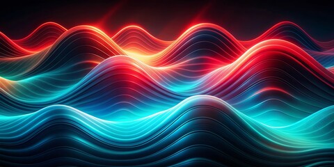 Vibrant red, blue, and teal gradient waves glow against a dark, grainy backdrop, evoking a sense of dynamic energy and futuristic intensity in high-definition.