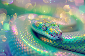 Fototapeta premium Cute green snake symbol of the new year 2025. Bright New Year background with lights