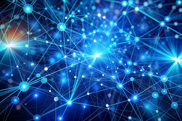 Obraz premium Vibrant blue abstract pattern featuring dynamic dots and lines representing complex neural networks, data flow, and supercomputing connections in futuristic tech backgrounds.