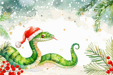 Obraz premium Cute green snake symbol of the new year 2025. New Year tree, white snow, winter holidays