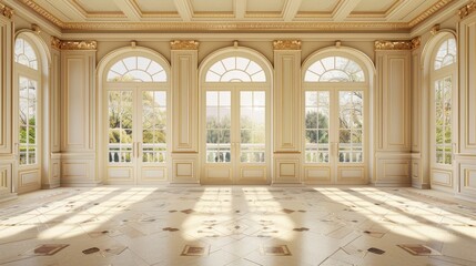Sunbeams Through Arched Windows in a Grand Room, 3D Illustration, Interior Design, Palace, Sunlight  , architecture , design