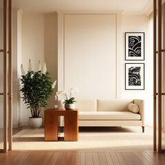 White couch in a cream modern living room. Cozy home interior sofa and cushions 