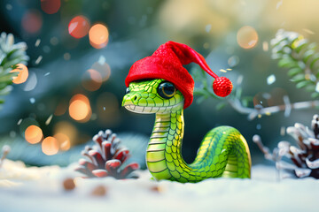 Fototapeta premium Cute green snake symbol of the new year 2025. Bright New Year background with lights