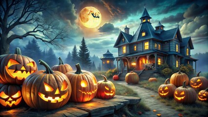 Haunted House and Jack-o-Lanterns on a Spooky Halloween Night, Digital Painting, Jack-o-Lanterns, Haunted House, Halloween, Spooky
