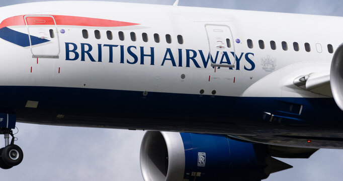 British Airways plane landing at Heathrow international airport. LONDON, UK - JULY 4, 2024