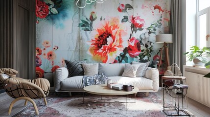 Modern Living Room With Floral Wall Art and White Sofa