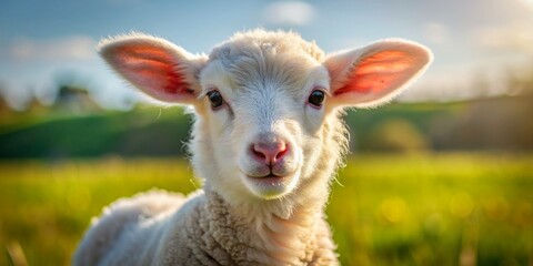 Obraz premium Lamb Portrait in a Field, Close-up, Soft Focus, Nature, animal, fluffy, adorable