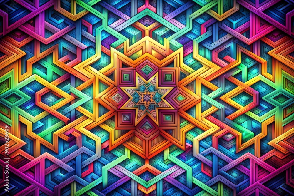 Poster vibrant abstract background featuring interlocking geometric shapes in bold colors, forming a comple