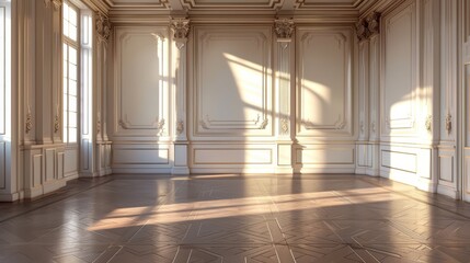 Obraz premium Golden Sunlight Bathes Elegant Room, 3D Render, Classic Interior, Sunbeams, Ornate , Classic, Interior Design