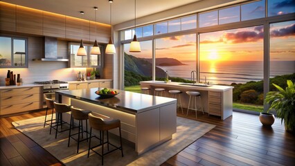 Modern Kitchen Island with Ocean Sunset View, 3D Render, Interior Design, Kitchen Island, Ocean View