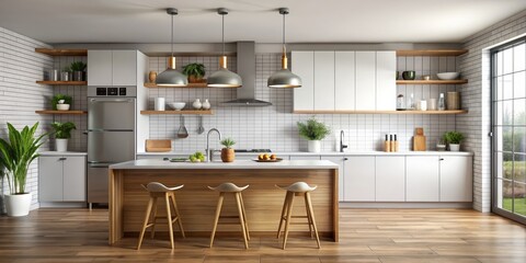 Modern Kitchen Island with Wooden Barstools and Grey Pendant Lights, kitchen design , kitchen decor , kitchen interior , home design