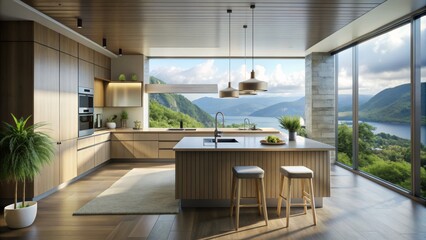 Modern Kitchen with Mountain View, 3D Render, Contemporary Interior Design, Wooden Cabinets, Natural Light , kitchen design, mountain view