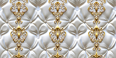 Seamless 3D elements of White and Golden luxury design Baroque Classical Relief Panel on Wall. Refined Gothic-inspired Stucco Molding With Floral Motifs. A Marble Carving in Late Ottoman Style.