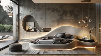 Fototapeta premium Modern Interior Design With Curved Bed and Concrete Wall