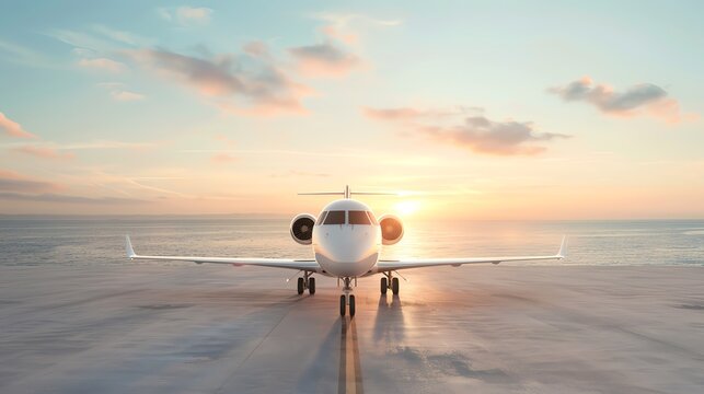 A sleek airplane on the runway during sunset, symbolizing travel and adventure in the sky.