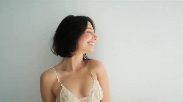 shot of an Asian girl with curly hair in white camisole pajamas, highlighting her bright eyes and genuine smile against the clean white background.
